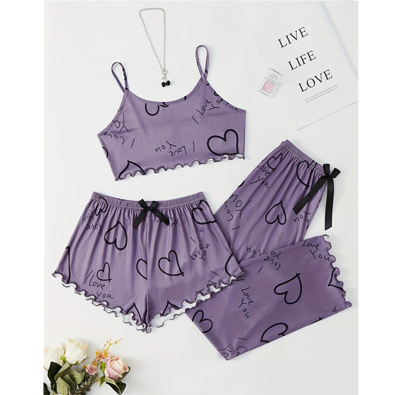 爱心睡衣女春夏季甜美可爱三件套高级感棉吊带短裤长裤性感家居服详情11