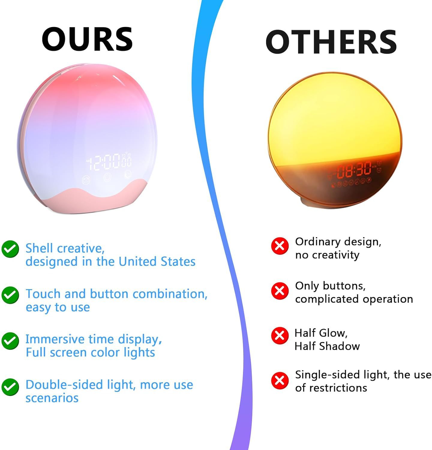 The new shell double-sided luminous simulation sunrise wake-up light, seven-color atmosphere night light, LED electronic time alarm clock pic 6