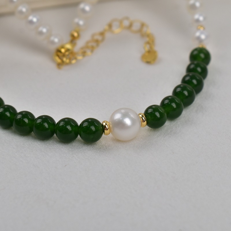 Natural freshwater pearl necklace, green agate round beads, elegant and high-end neckchain, autumn and winter outfit, pearl sweater chain pic 7