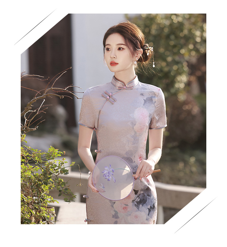 国潮仟金公主双层提花丝绸修身显瘦气质改良年轻款长款走秀旗袍连衣裙详情1