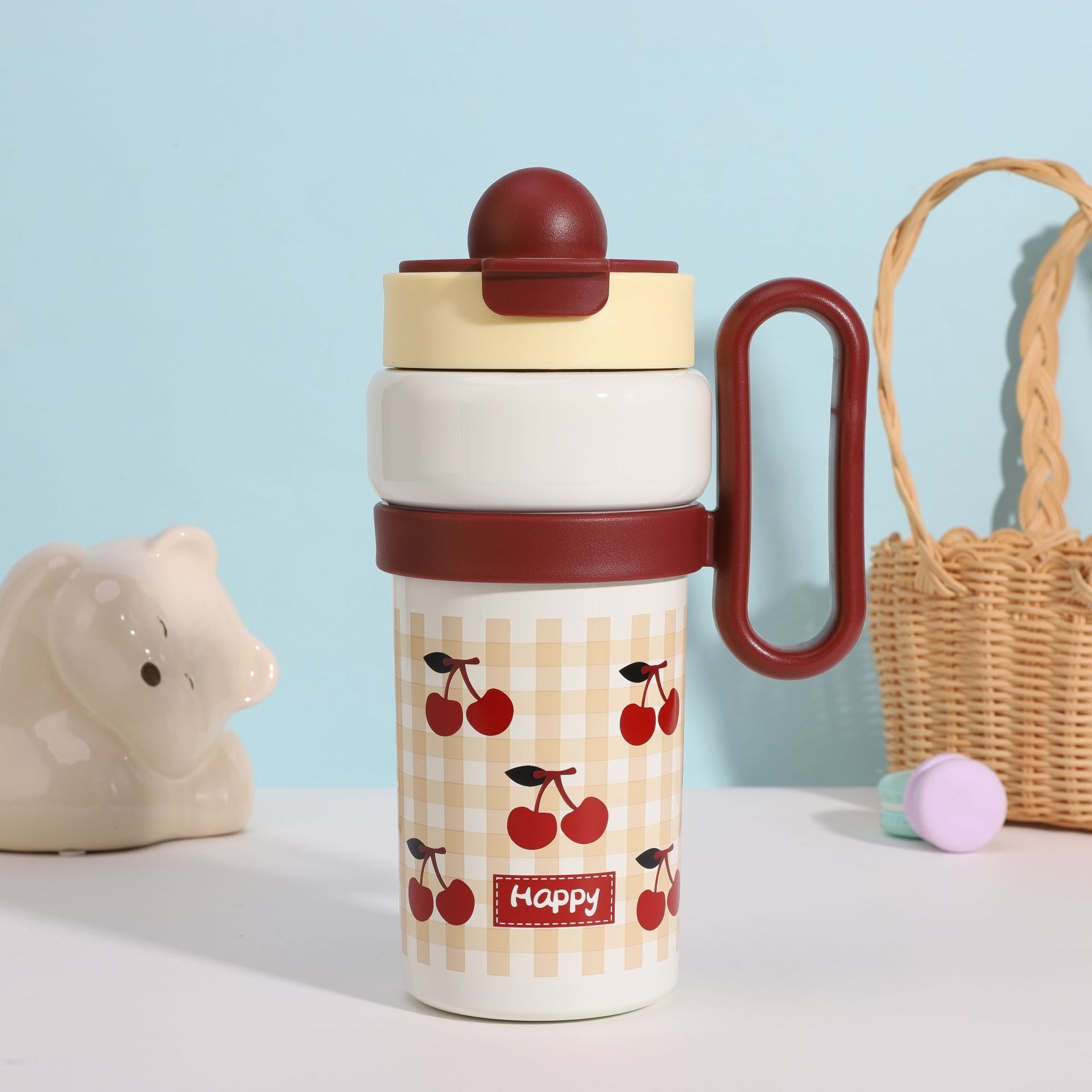 316 stainless steel insulated cup, portable shoulder strap, handle cup, high appearance level, cartoon large capacity, with straw, double drinking cup pic 7