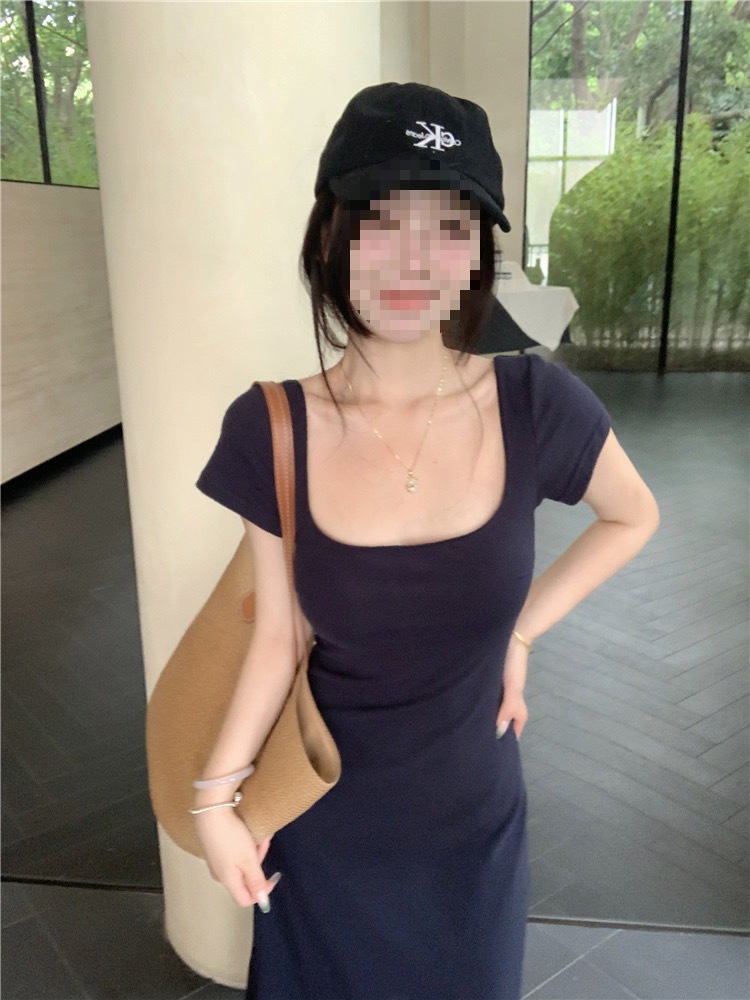 法式纯欲风夏季圆领短袖连衣裙包臀修身收腰长裙纯色高腰大摆裙详情3