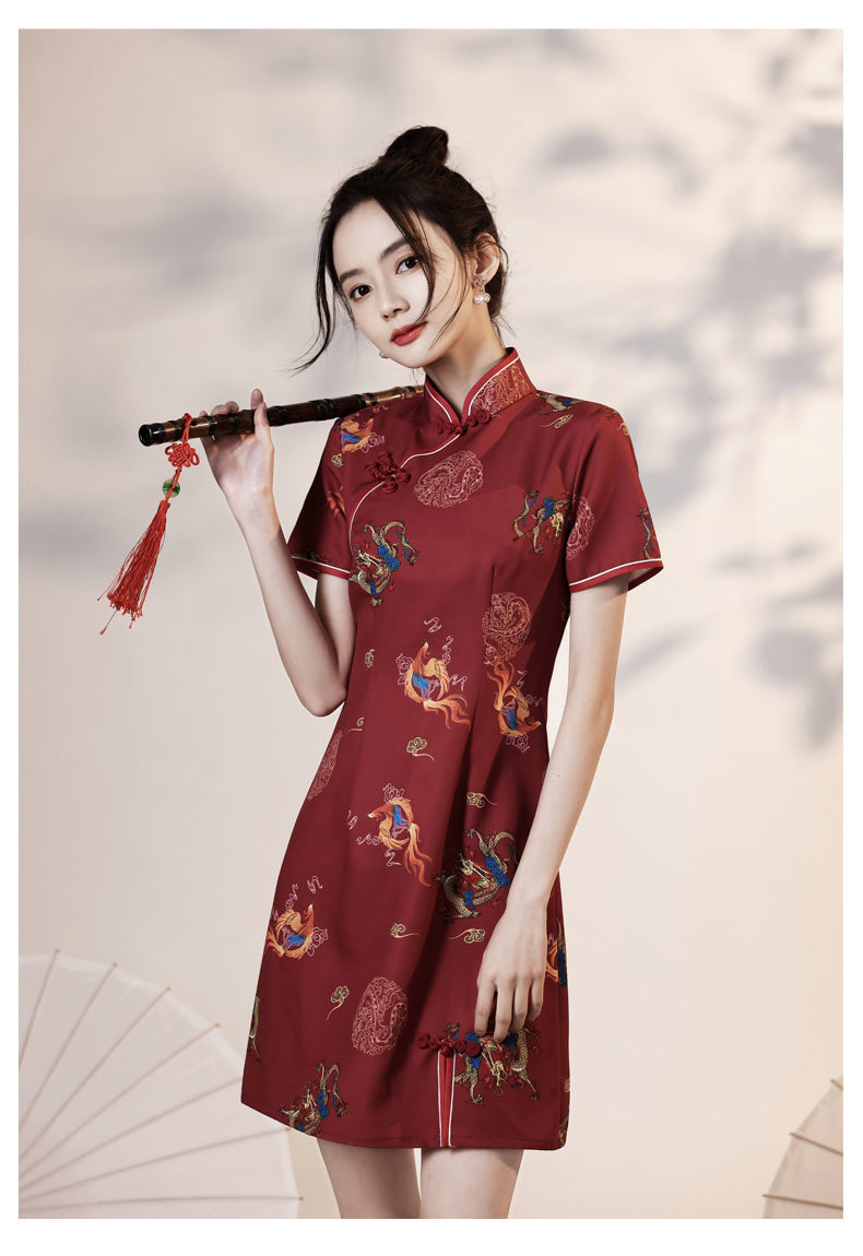 国潮旗袍2024年新款女夏季红色年轻款法式复古中国风改良版连衣裙短款详情6