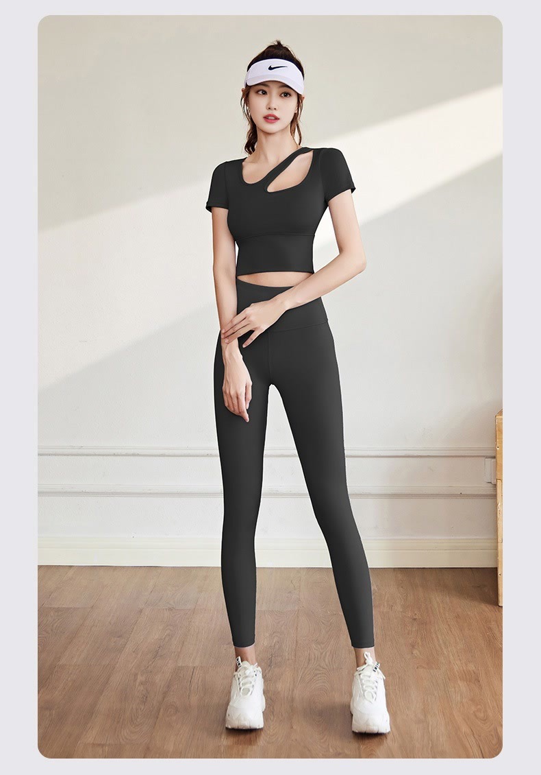 New off-the-shoulder short-sleeved and long pants yoga wear set for women, breathable and slimming, running and exercise one-piece fitness wear pic 23