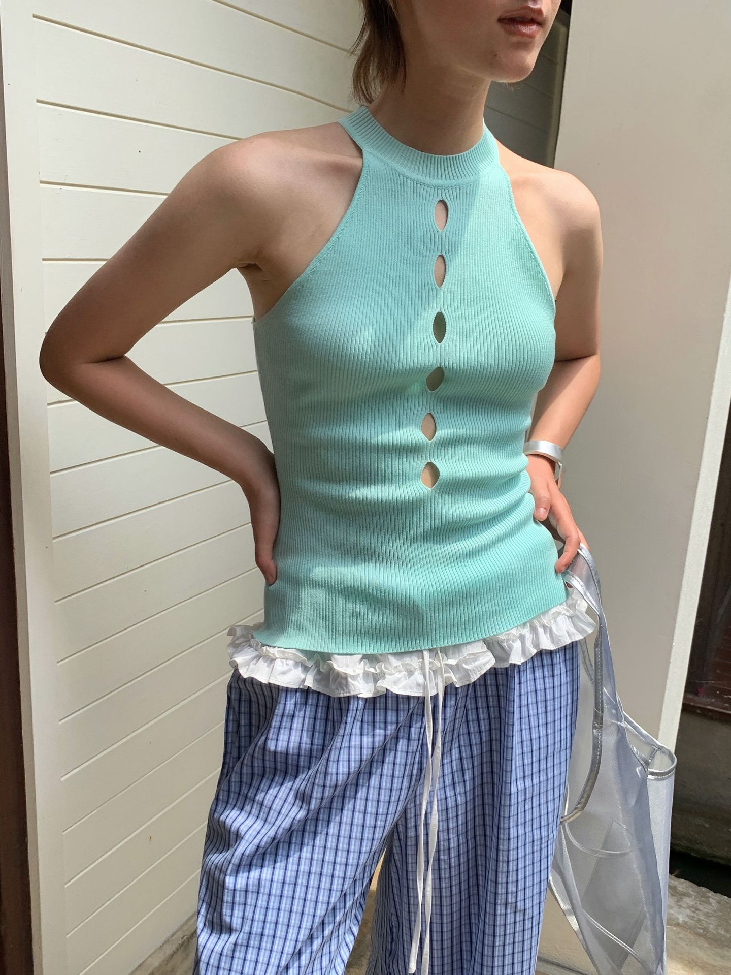 UNITY MODE Sweet and cool Tencel cut-out stand-up collar vest for summer girls, slimming and form-fitting sweater pic 33