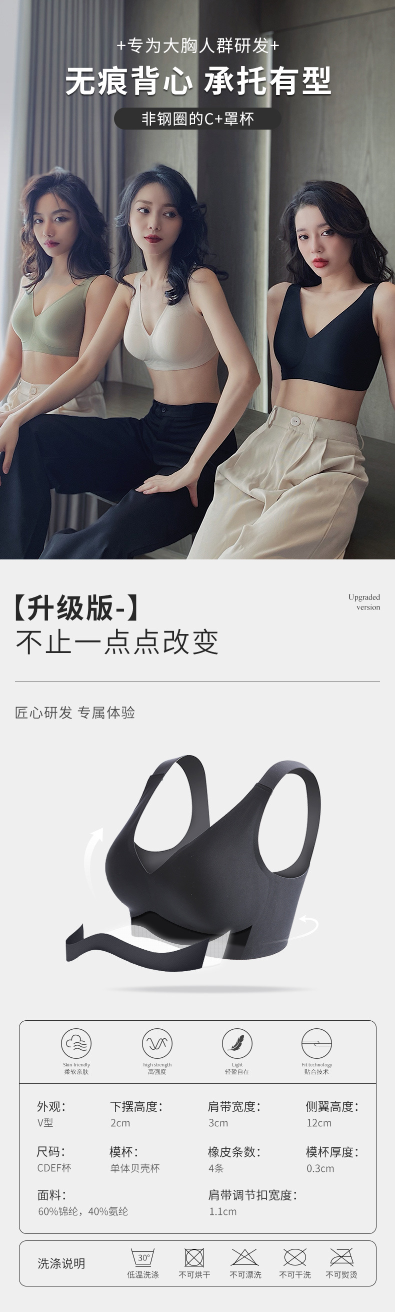 Large-sized C-F soft-supported lingerie for women, deep V-neck, large chest, small appearance, anti-sagging, breast retraction, no steel ring, gathering bra pic 1