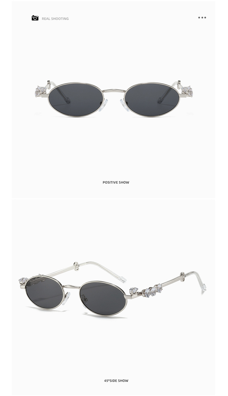 Metal diamond-encrusted oval small frame glasses, ins style cross-border resin anti-blue light glasses, water diamond plain y2k sunglasses pic 9
