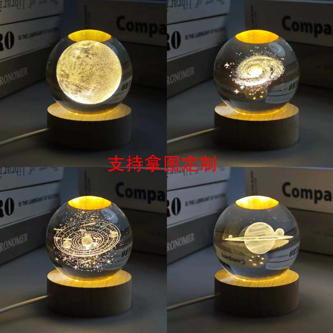 跨境畅销礼物包邮创意水晶球发光小夜灯实木底座水晶桌面摆件详情1