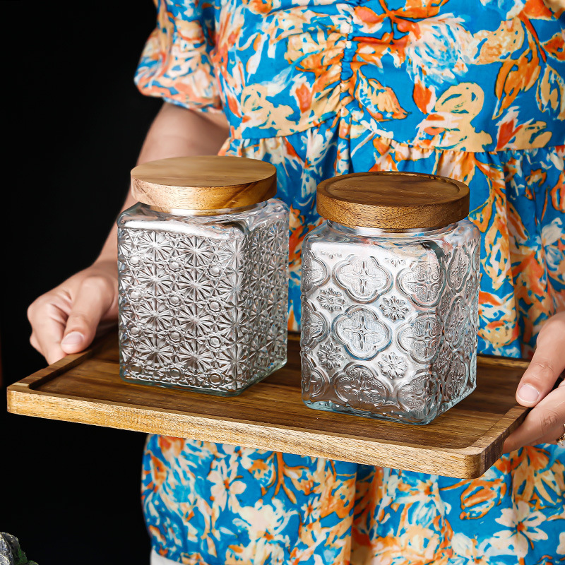 厂家现货供应批发方形浮雕花储物罐透明玻璃杂粮茶叶收纳罐密封罐详情17