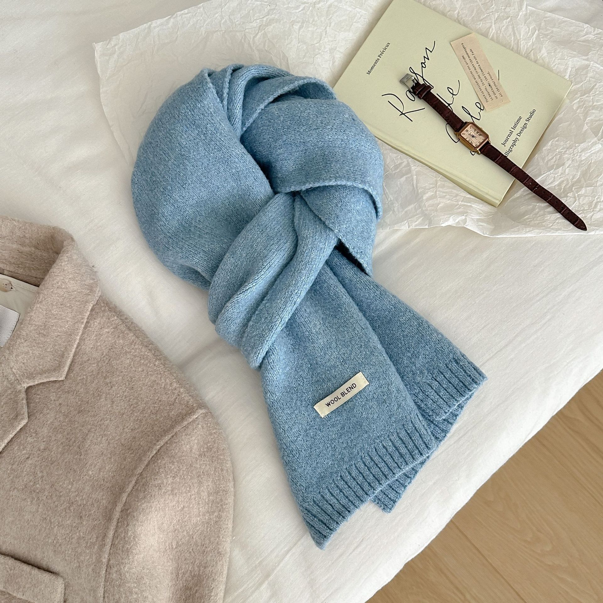 Solid-color wool blend scarf for women, autumn and winter, knitted woolen, warm, Korean-style, versatile, fashionable, fresh and sweet neck pic 33