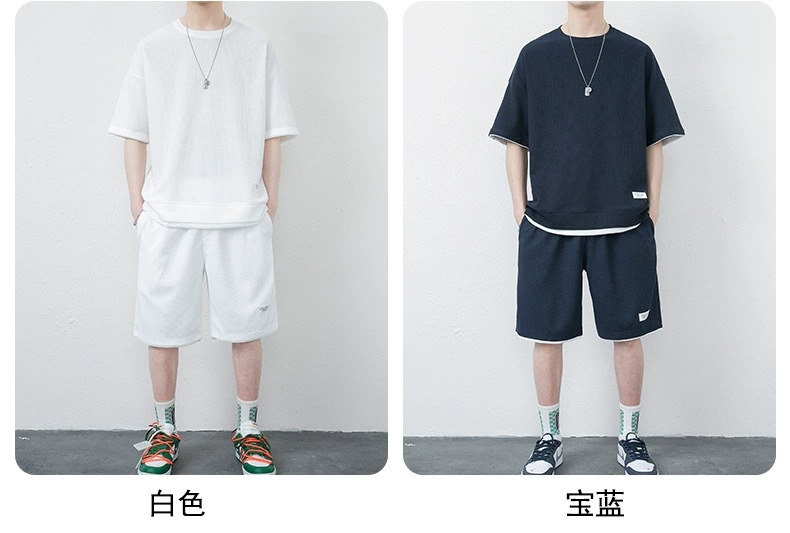 华夫格休闲套装男士夏季青少年大码男装运动短袖短裤搭配一套T恤详情21