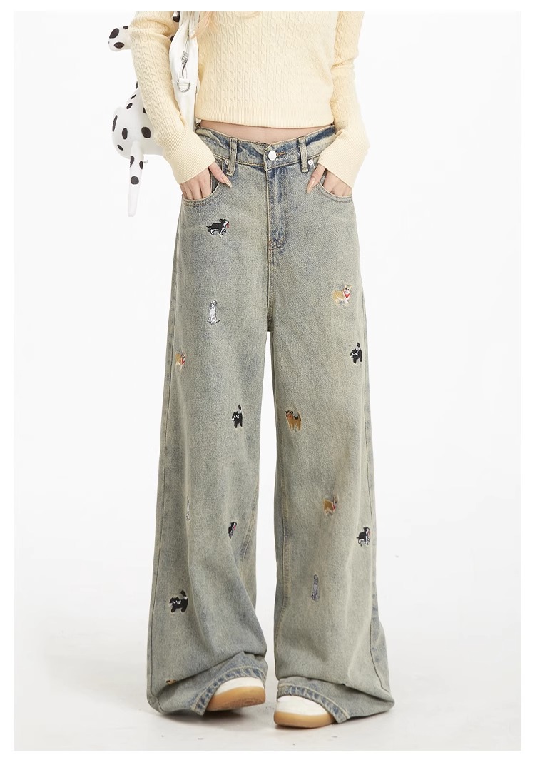 Light-colored high-waisted straight-leg jeans for women, 2025 new embroidered American retro washed wide-leg loose floor-length pants pic 8