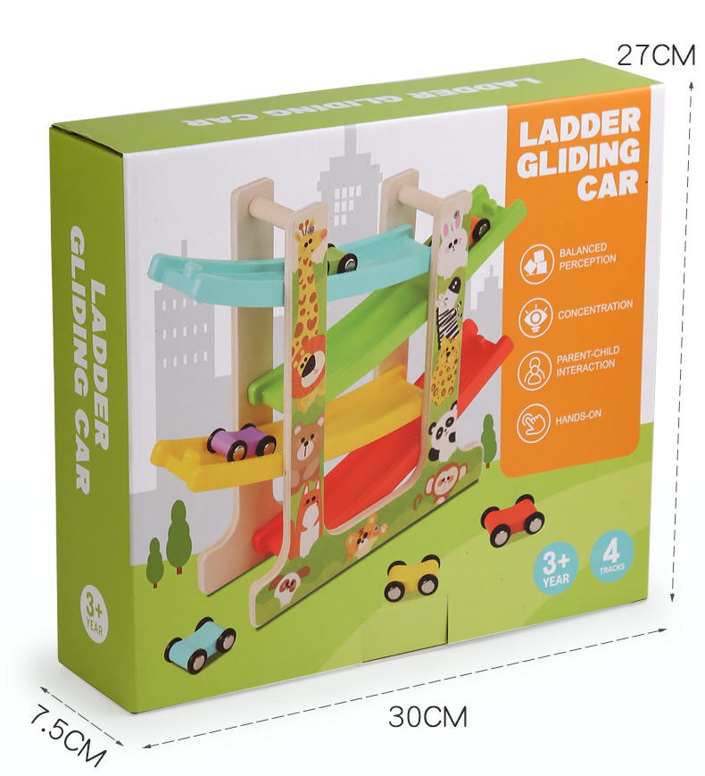 Wooden fun multi-layer track game, gliding car inertial slide with parking lot, beneficial intelligence parent-child toy pic 16