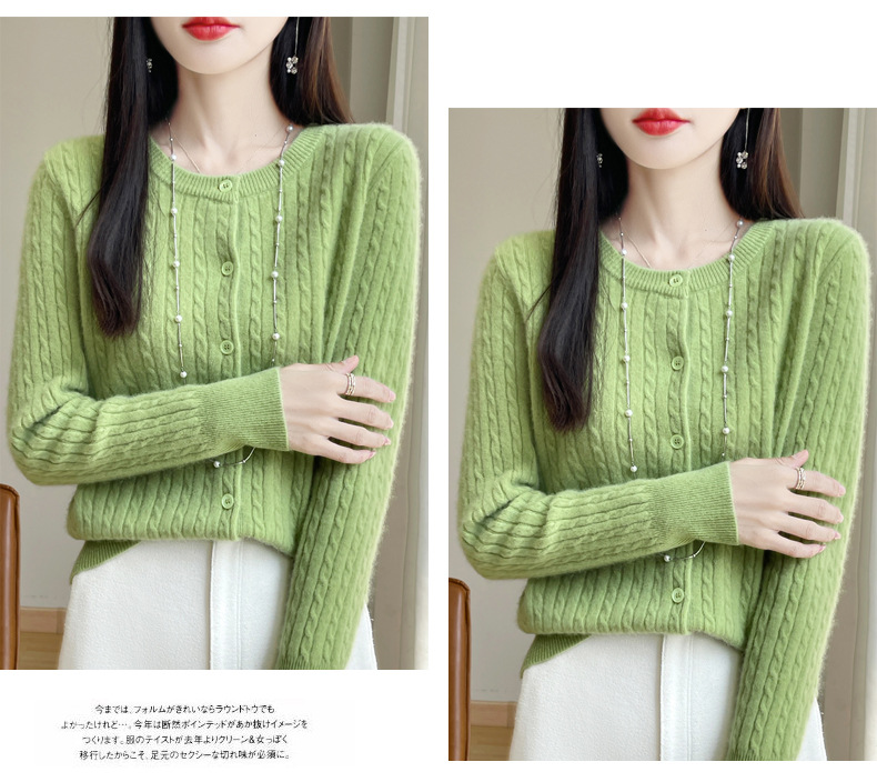 濮院100全羊毛针织毛衣女圆领麻花开衫羊绒外套韩系软糯外穿上衣详情21