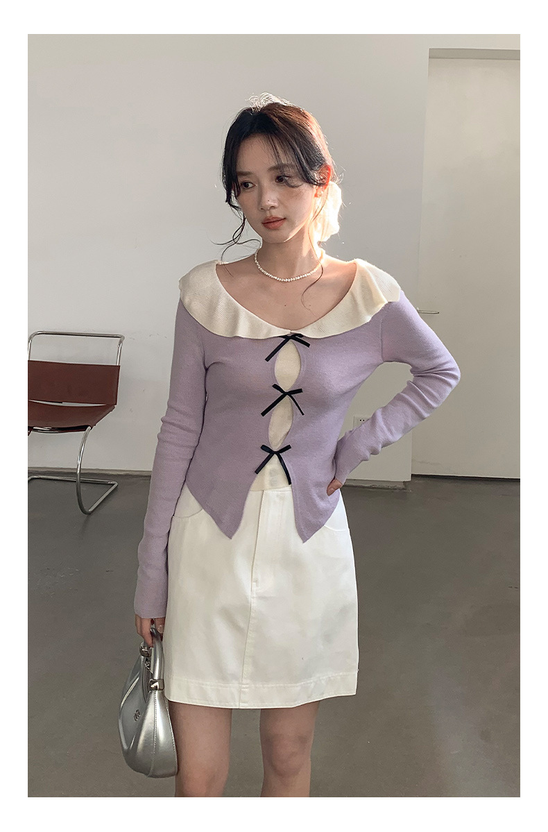 衣尔衫 设计感 假两件娃娃领蝴蝶结针织衫女短款温柔修身气质0337详情27