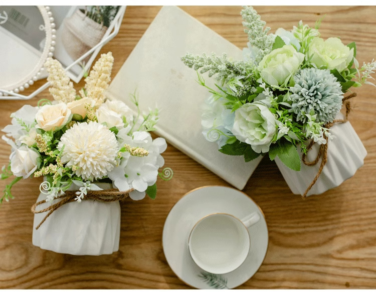 北欧仿真花套装陶瓷麻绳花瓶玫瑰花 仿真植物盆栽家居装饰假花盆详情9