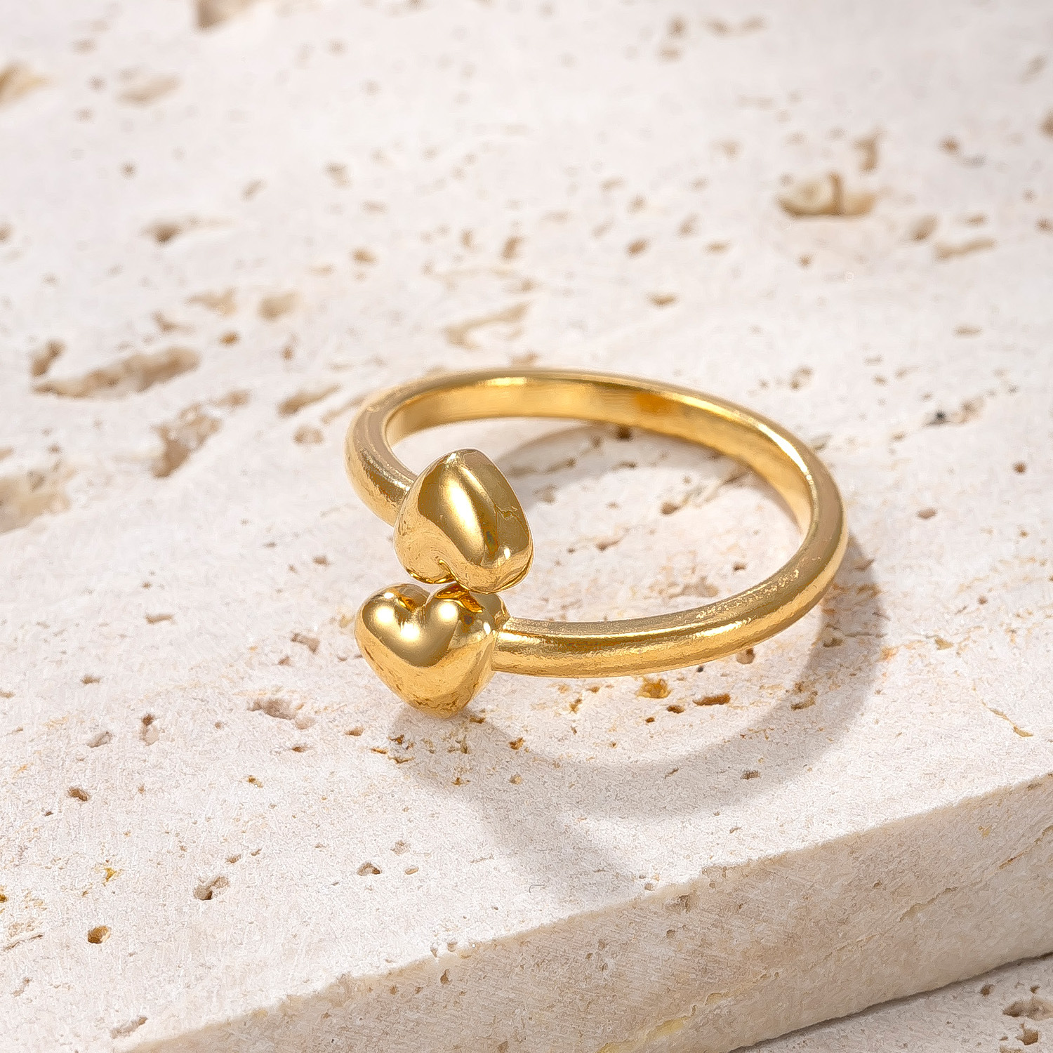 跨境热销不锈钢戒指 双爱心开口戒韩系简约镀18k金钛钢饰品批发厂详情7