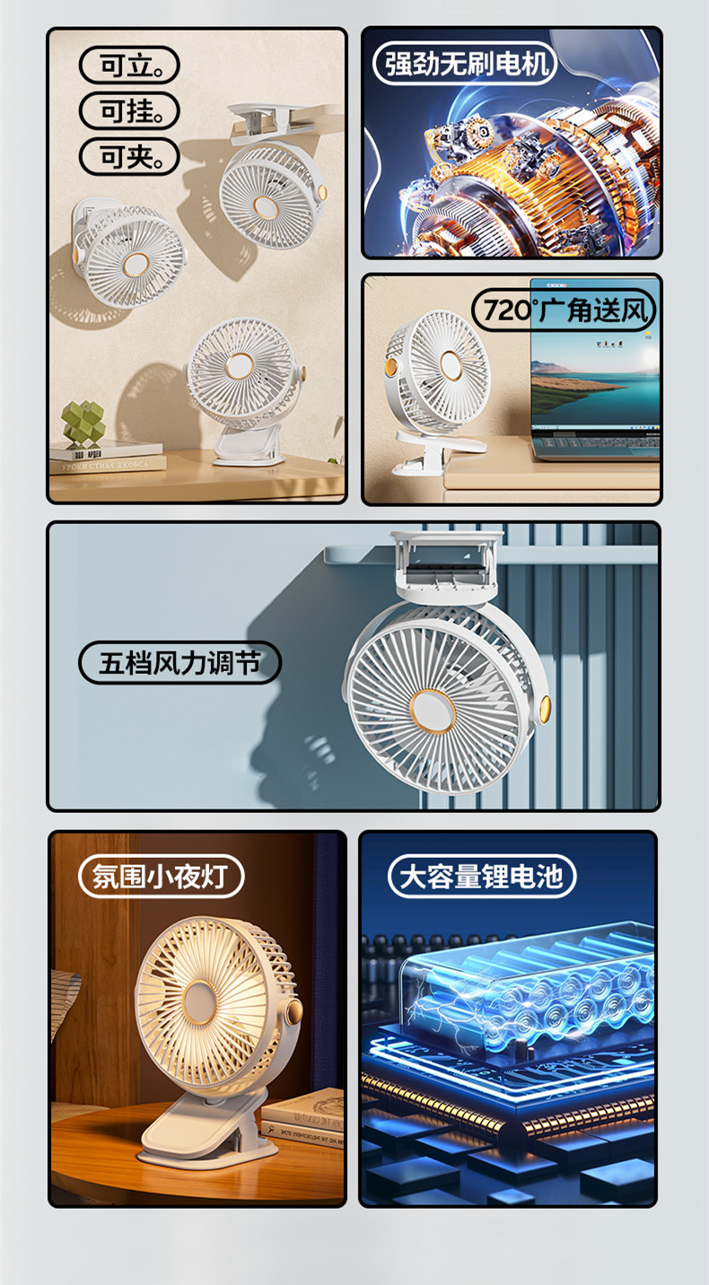 夹子风扇USB多功能便携式夜灯小风扇学生宿舍静音充电迷你小风扇详情2