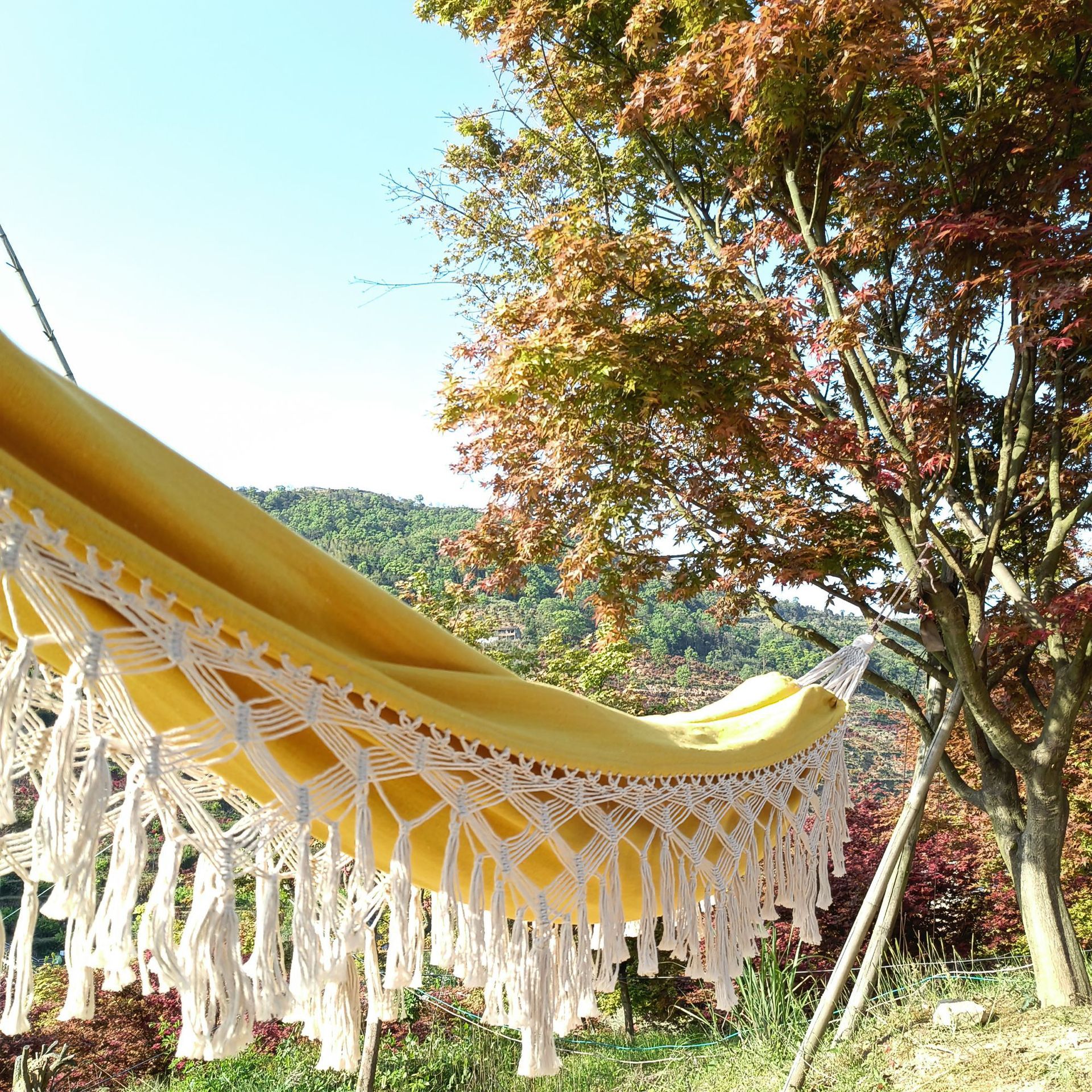 ins黄色流苏双人帆布吊床 波西米亚风摄影道具户外室内 户外吊床详情5