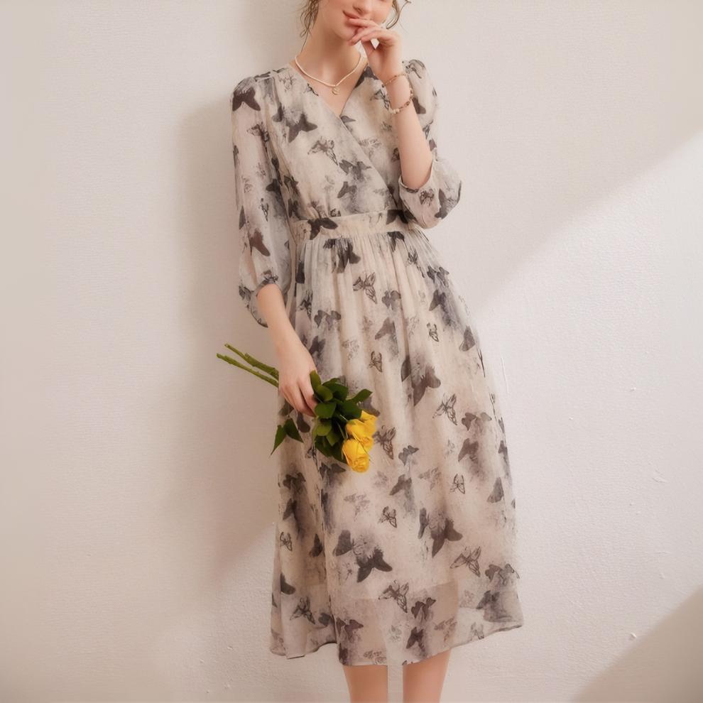 2025春夏新款女人味印花飘逸长裙时尚V领修身女式七分袖连衣裙潮详情18