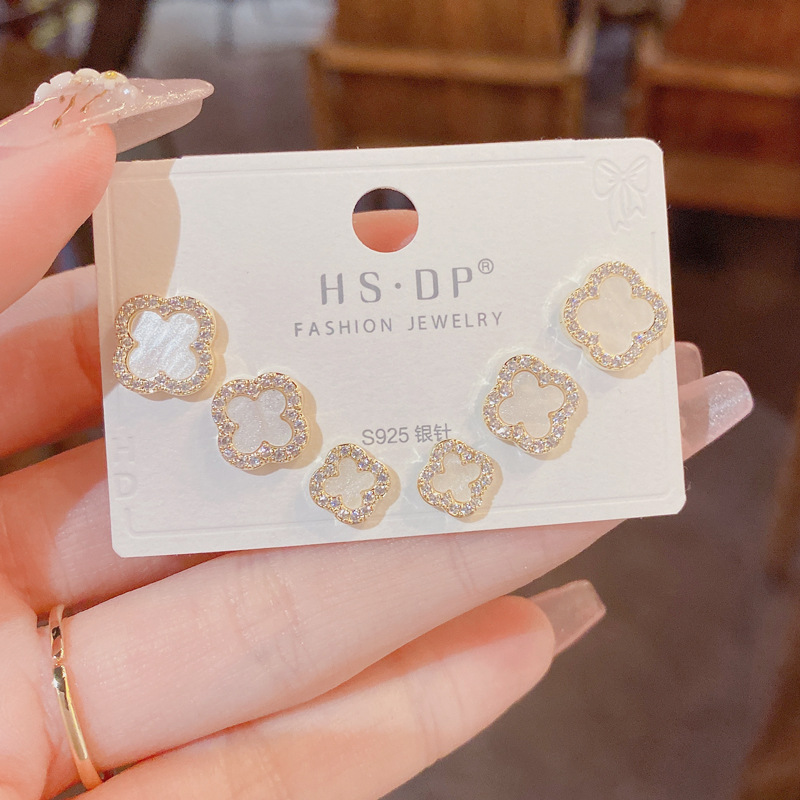 s925银针微镶锆石四叶花三件套耳钉女气质时尚简约小巧耳环耳饰女详情17