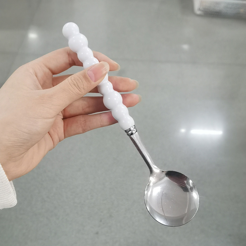 网红珍珠不锈钢勺子塑料手柄餐勺少女心家用吃饭勺小汤勺长柄圆勺详情2