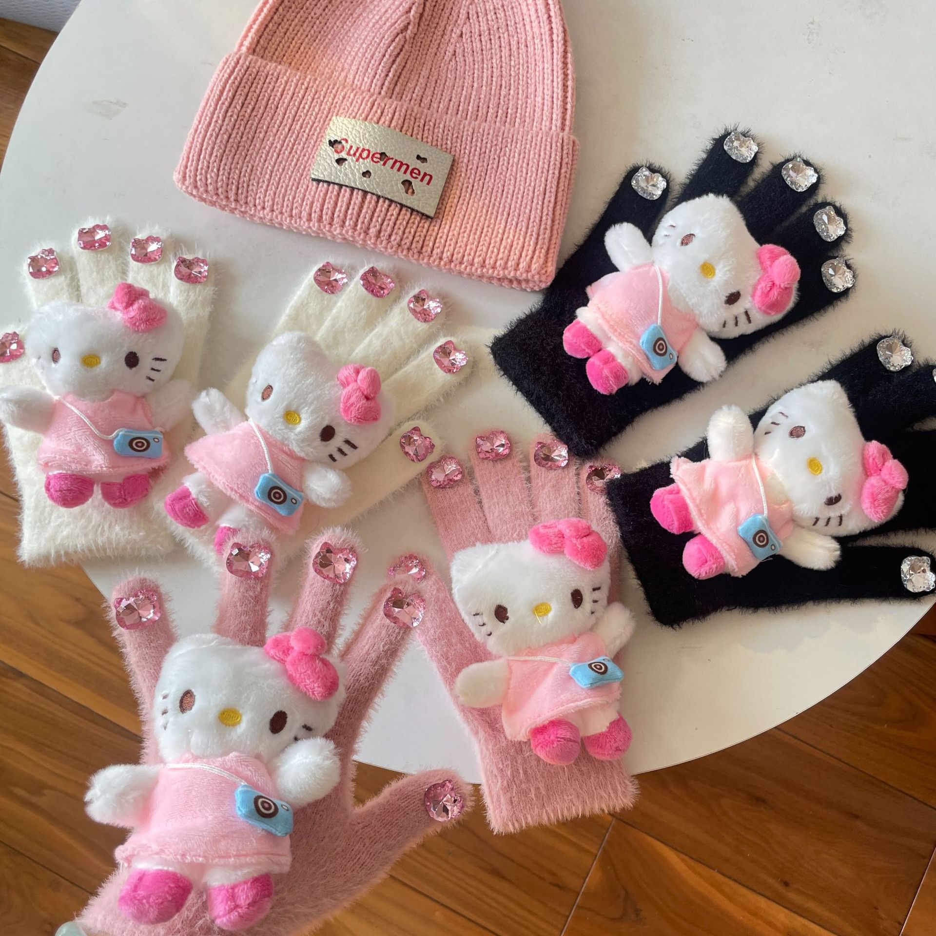 HelloKitty water diamond cute plush gloves for autumn and winter, Kitty Cat doll, warm knitted five-fingered gloves for girls pic 12
