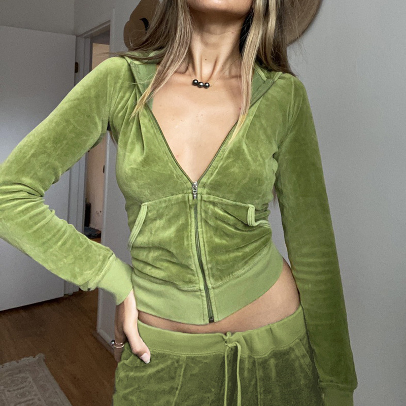 Solid color velvet slim sports suit zipper hood pic 9
