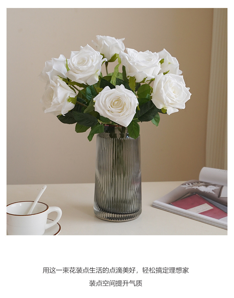Single moisturizing rose artificial flower, Nordic simulation flower, living room dining table, TV cabinet decoration, hand feel moisturizing rose pic 15