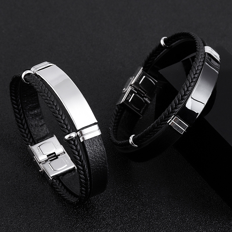 Hip-hop punk style bestseller, double-layer leather bracelet made of twisted fabric in Europe and America, titanium steel bracelet, can be engraved with LOGO pic 5