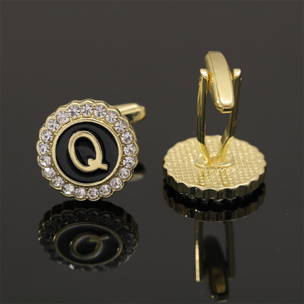 大写字母袖扣圆形镶钻袖钉合金滴油男士衬衫扣26英文字母A-Z配饰详情34