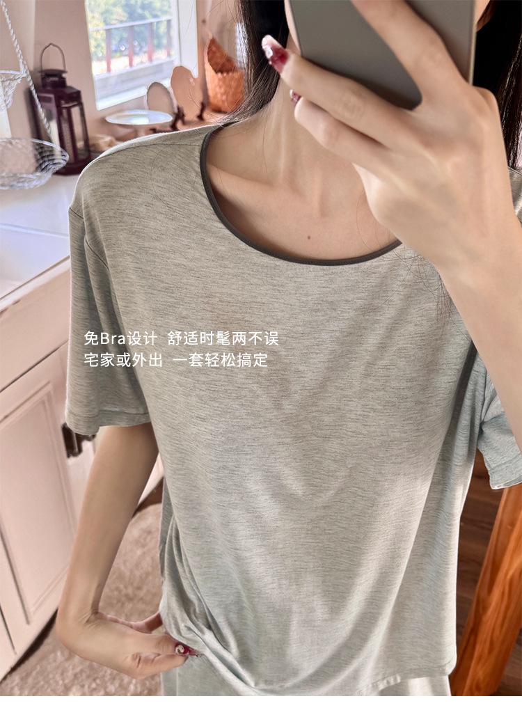 Summer pajama set with chest pad, short sleeves and shorts, pullover, two-piece home wear, thin and skin-friendly, can be worn outside with a pullover pic 27