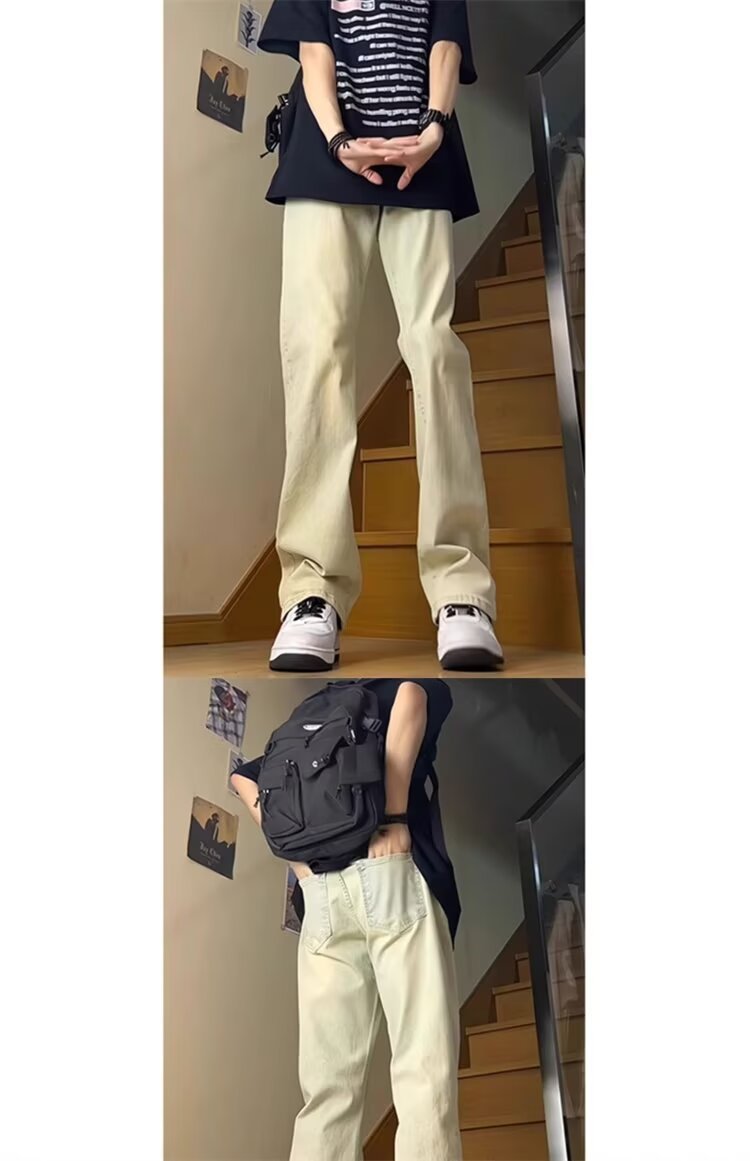 美式复古裤子高街水洗黄泥色牛仔裤男女款夏季高腰直筒修身微喇裤详情5