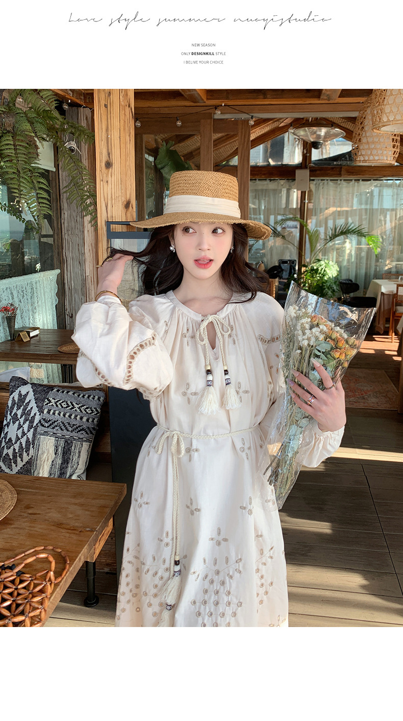 Real photo of a retro, gentle, cut-out embroidered V-neck apricot-colored dress, 2025 new seaside vacation style long-sleeved umbrella dress pic 14