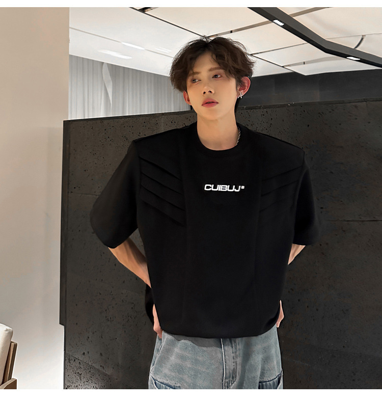 European and American high street original design sense T-shirt for men, multi-layered structure shoulder pad short-sleeved, summer American-style heavy half-sleeved pic 16