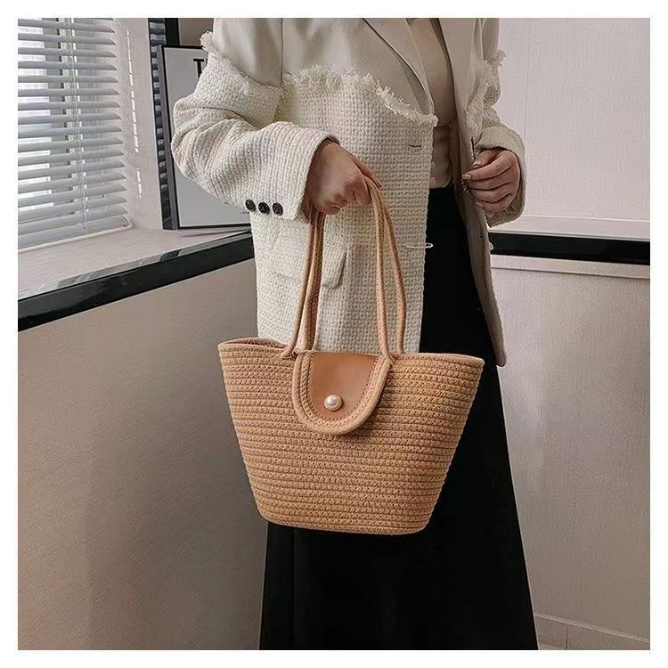 春夏编织女包草编包编织包手提包手拎磁扣棉绳手提包沙滩包竹编包详情11