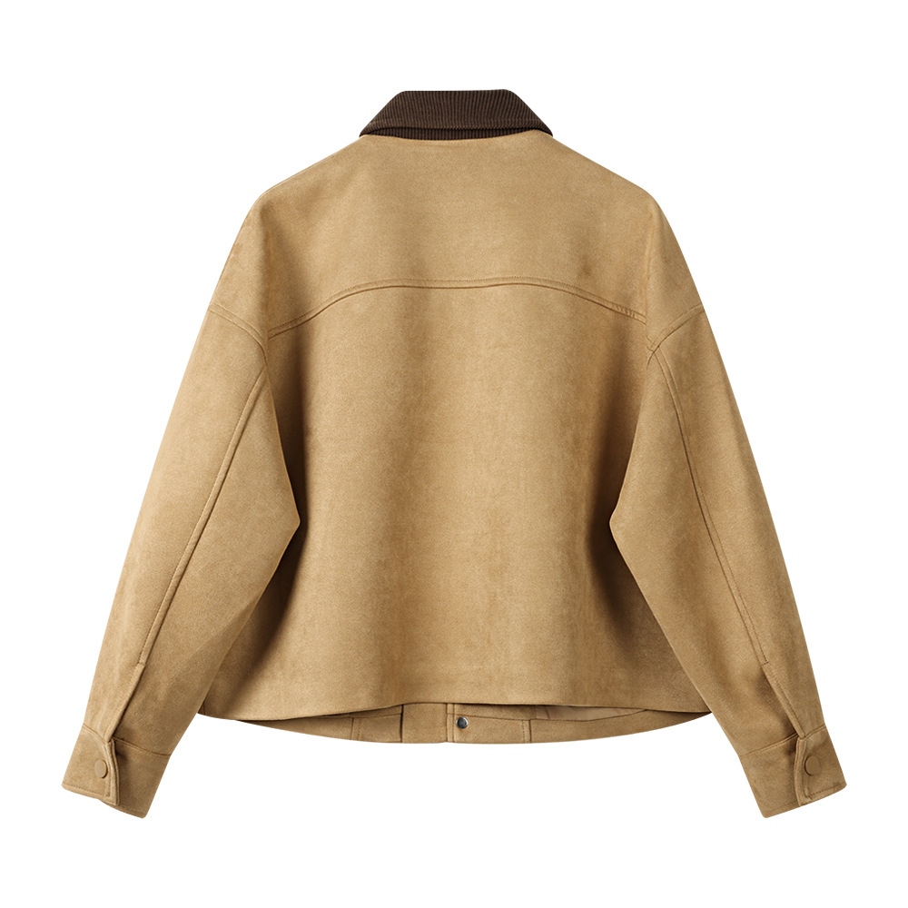 MUYU 卡其色小众设计感麂皮绒夹克女春季新款宽松翻领短外套详情2