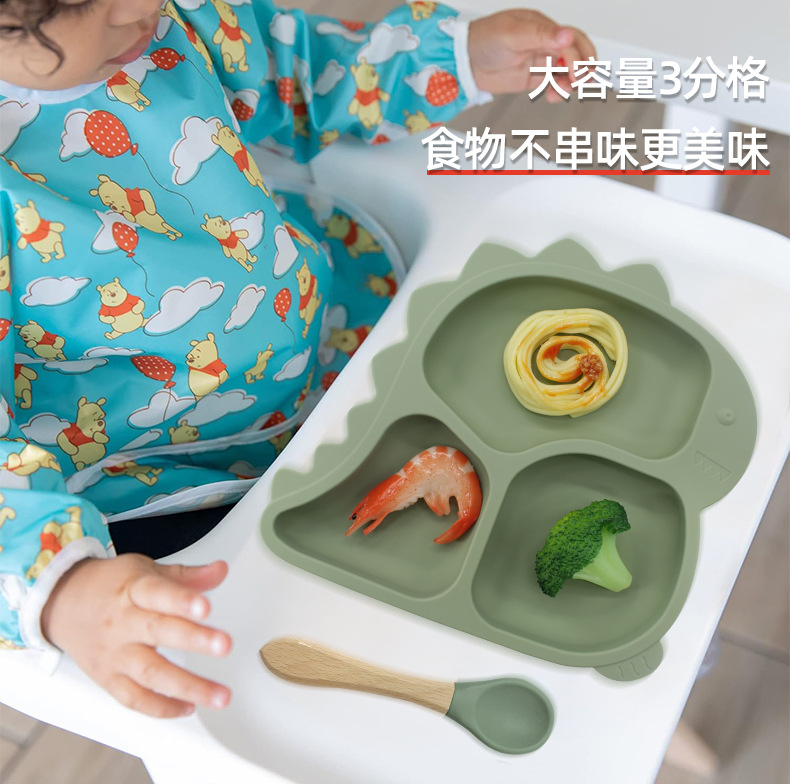 跨境儿童硅胶餐盘卡通恐龙喂养辅食餐具套装宝宝分格分格设计详情2