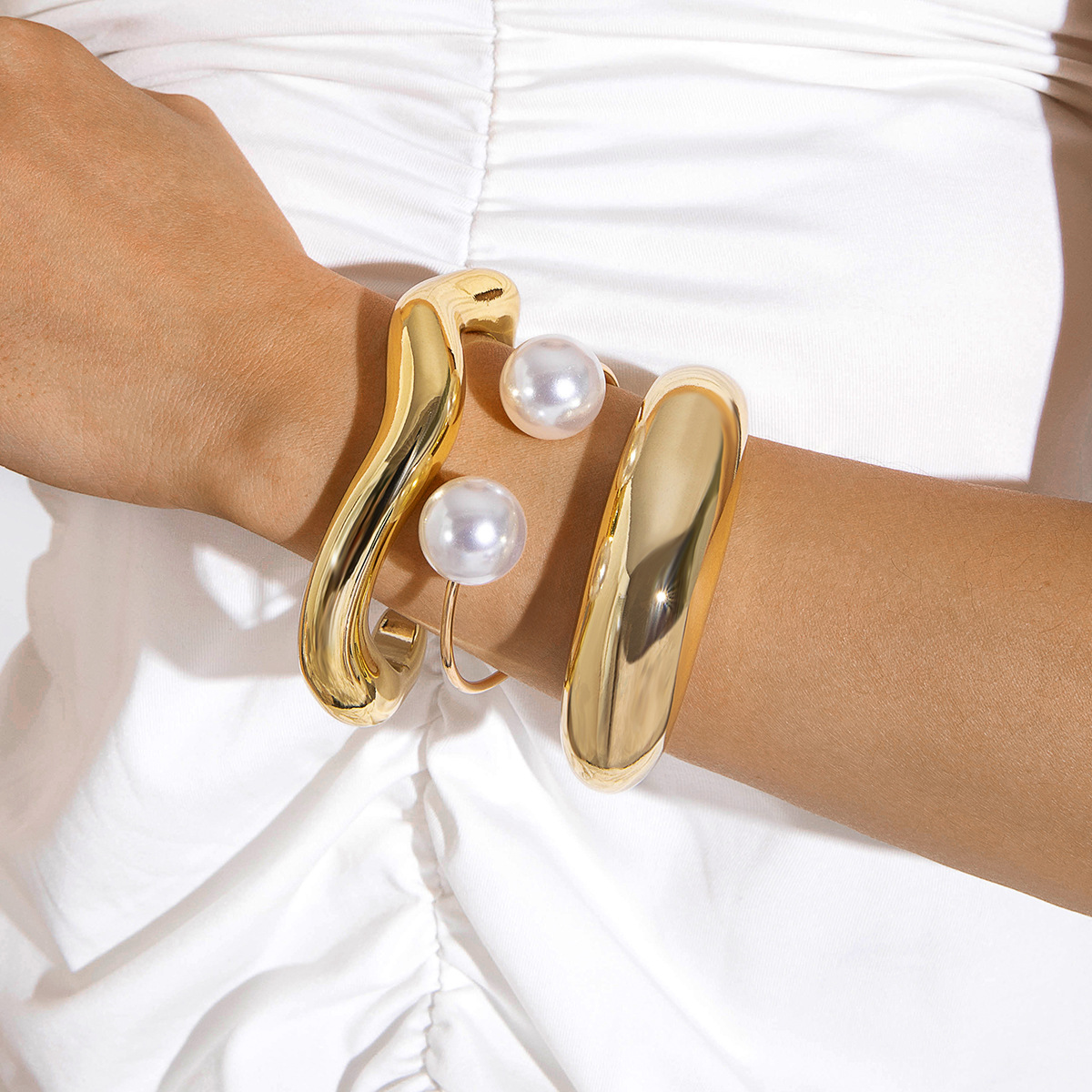 欧美跨境新款多层线条缠绕几何开口手镯套装朋克风波浪形串珠手链详情87