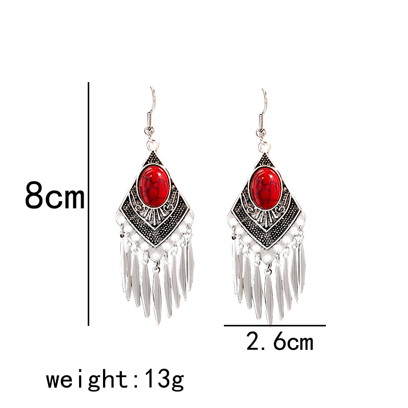 欧美波西米亚蓝松石民族风耳钉 仿苗银金属耳坠复古流苏耳饰批发详情3