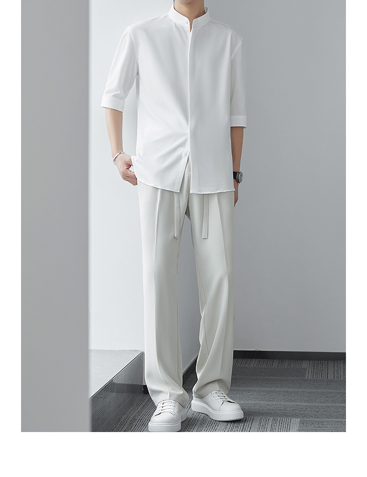 新中式立领中袖衬衫男夏季新款小众冰丝衬衣高级感垂感五分袖寸衫详情4