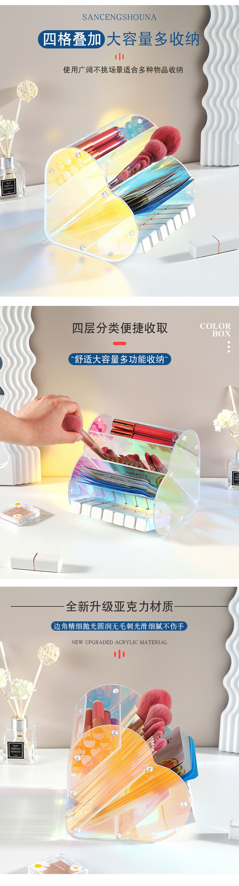 跨境商超市场热销 彩虹心形化妆品展示盒 炫彩化妆品三层收纳盒详情2