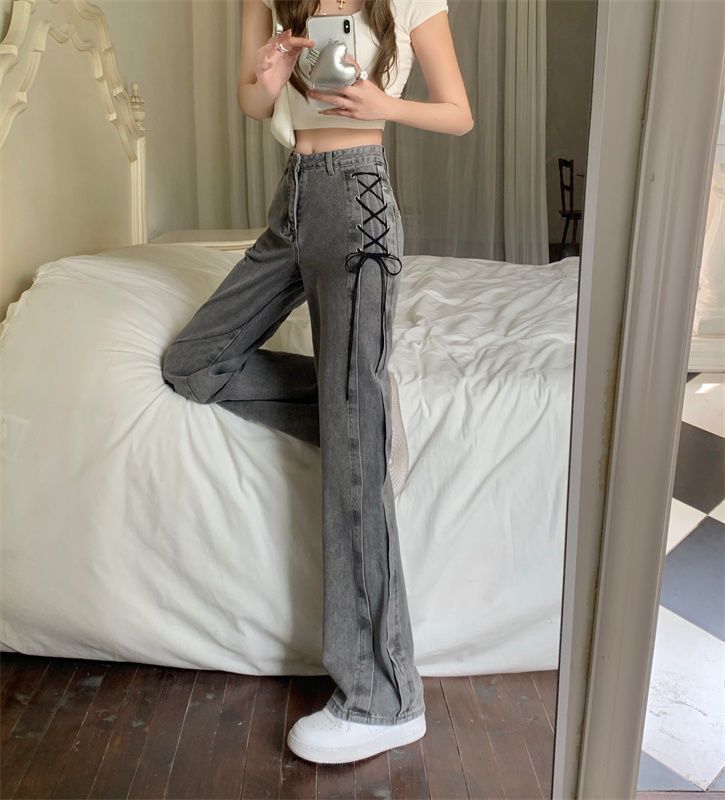 烟灰色直筒牛仔裤女2024春秋新款窄版阔腿裤高腰显瘦百搭烟管裤XH详情4