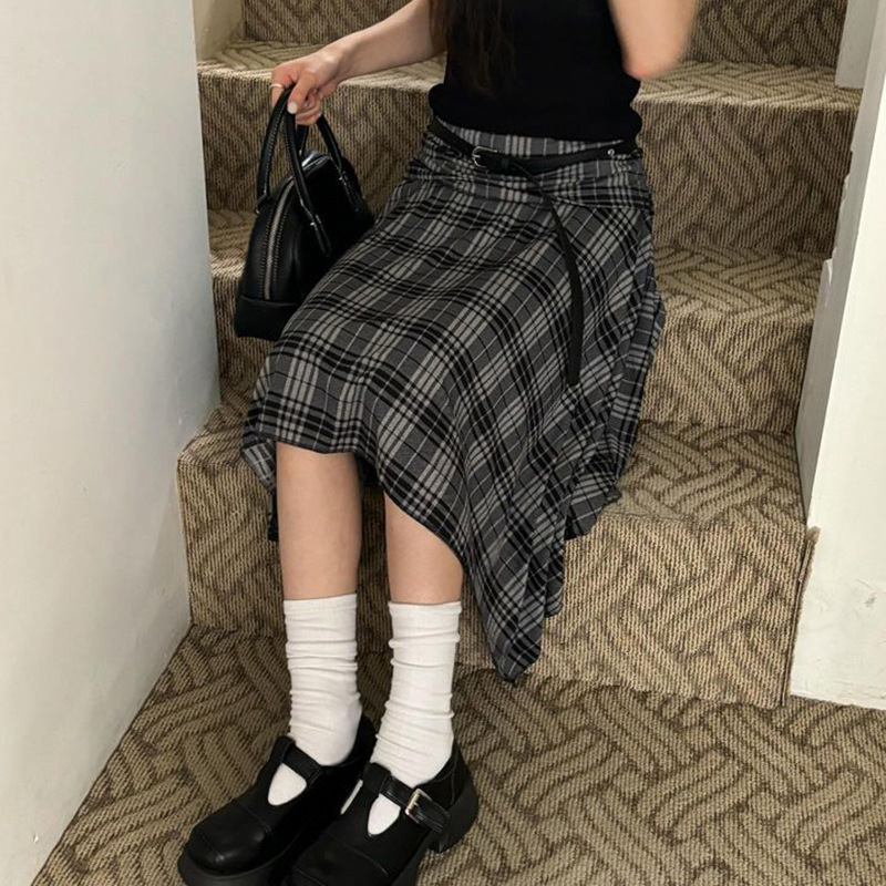 美式复古撞色格纹不规则半身裙女2024新款褶皱高腰显瘦A字中长裙详情8