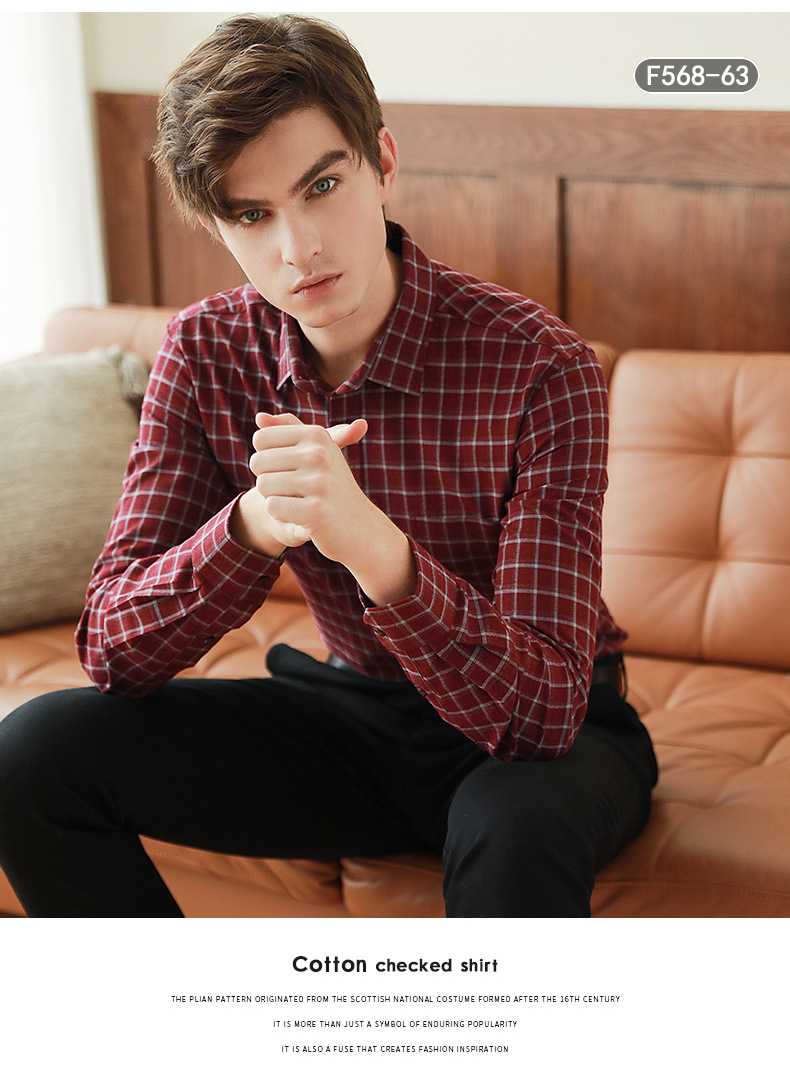 格子衬衫男士长袖秋冬新款全棉休闲韩版英伦修身纯棉磨毛透气衬衣 pic 12