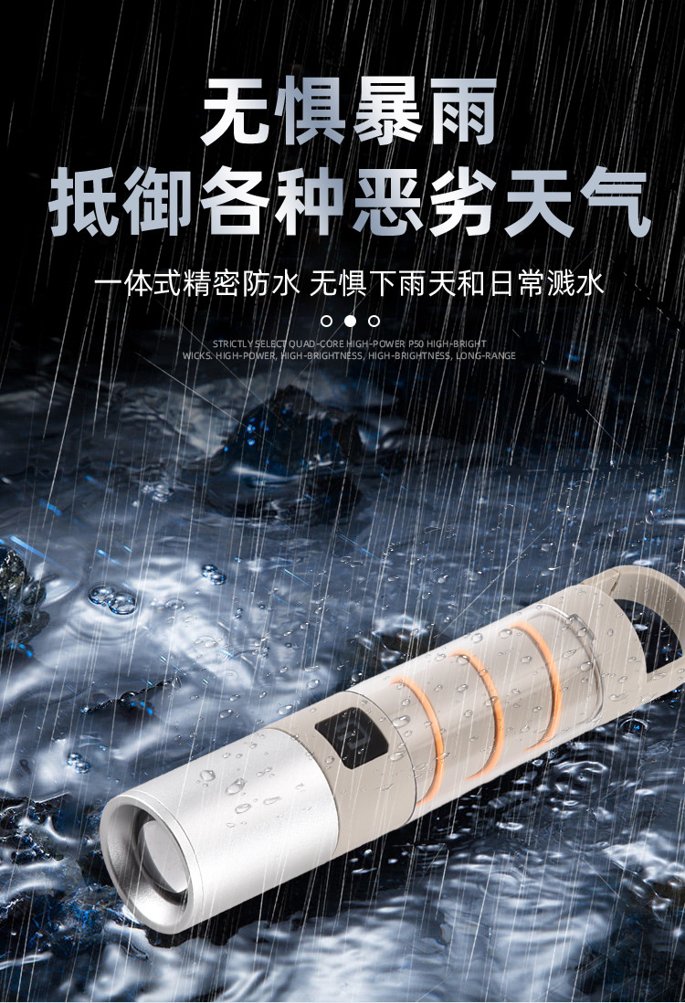 跨境新品LED红兰光白激光 Type-C充电伸缩变焦远射 强光手电筒详情17