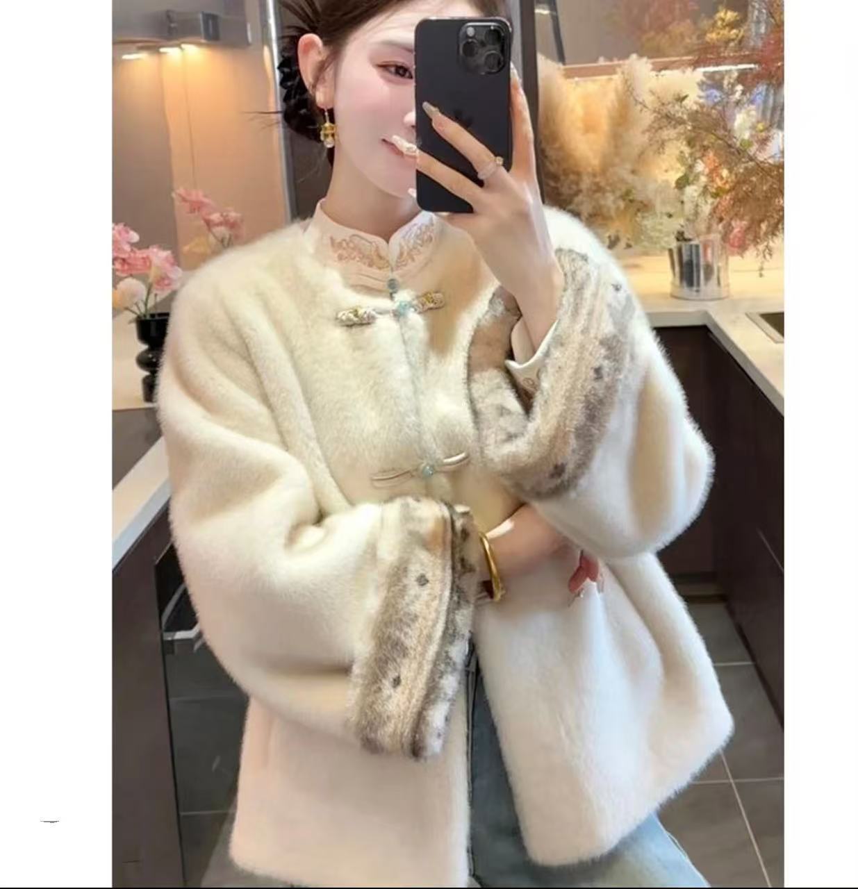 New Chinese-style winter clothing faux mink fur coat for women, autumn and winter with added fleece and thickening, Chinese-style light luxury overcoat pic 3