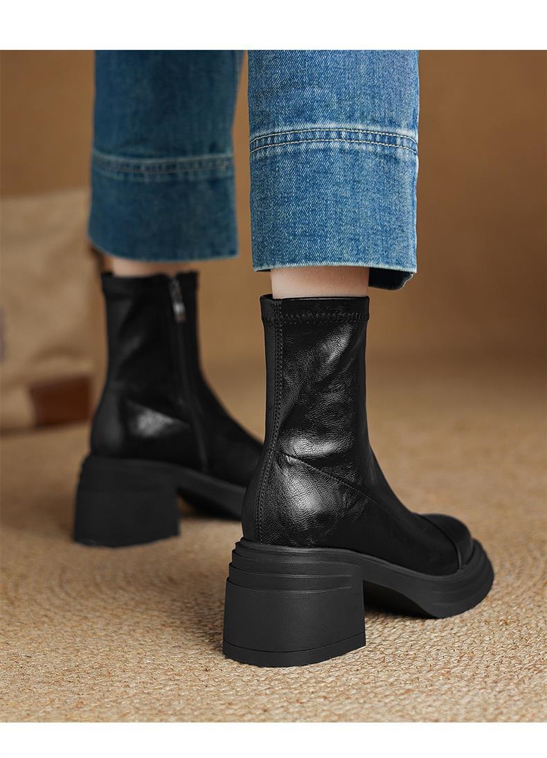 头层牛皮真皮弹力新款瘦瘦靴大码粗跟高跟短靴女秋冬厚底马丁靴详情15