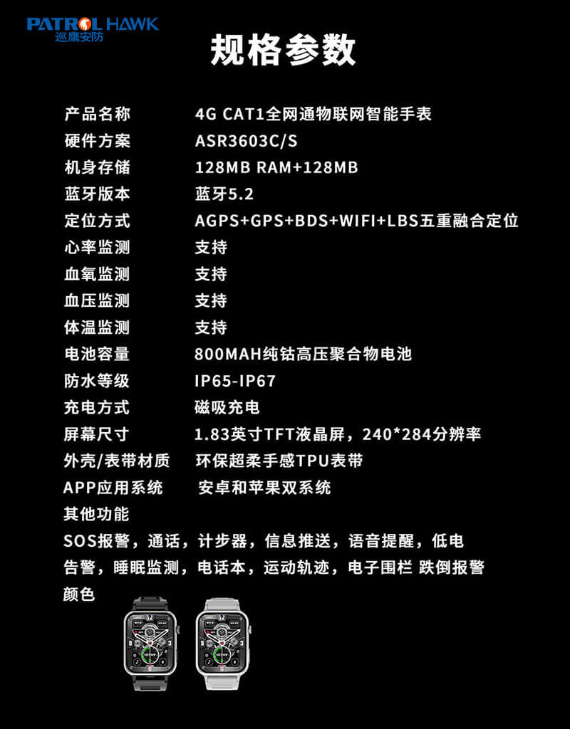 巡鹰安防4GCAT1全网通物联网智能手表血氧血压心率体温监测手表详情15