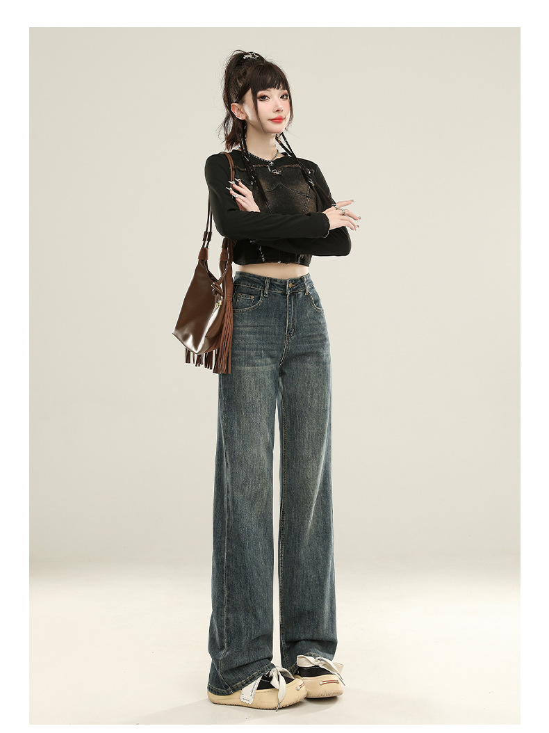 怀旧蓝直筒裤牛仔裤女秋季2025新款高腰显瘦垂感宽松窄版阔腿裤子详情21